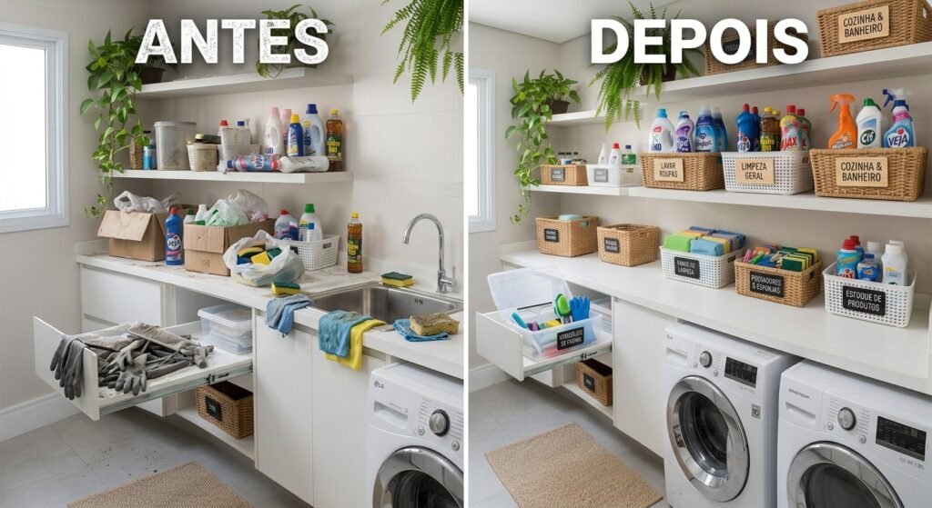 transformação do armário de organização de produtos de limpeza: antes e depois pessoa organizando produtos de limpeza armários e cestos para armazenamento organização da casa