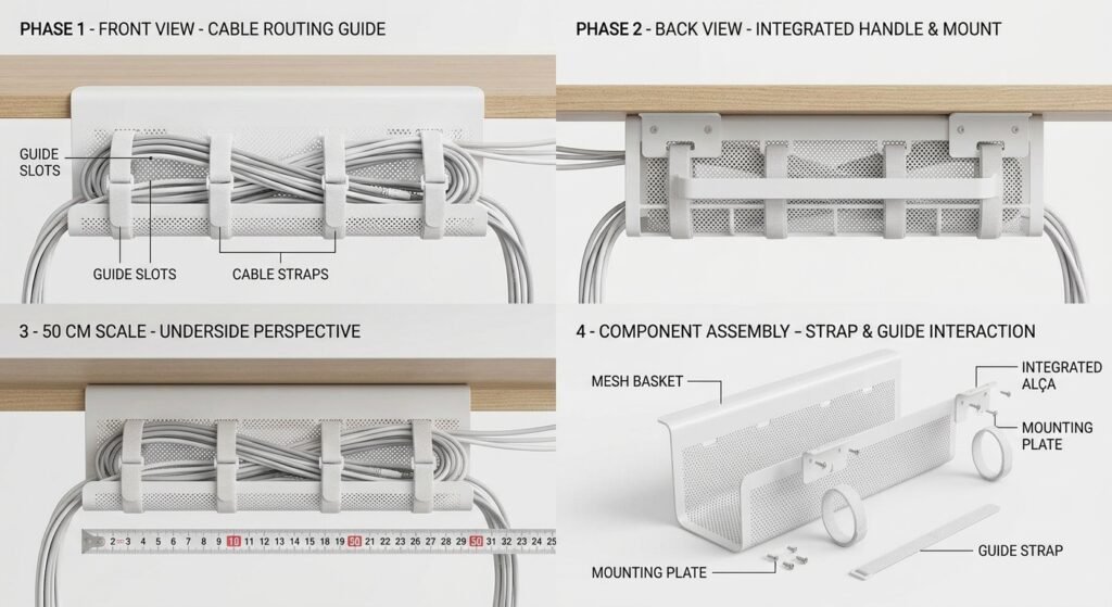 frente e verso do organizador de cabos embaixo da mesa 50 cm cesto guia alça branco imagem mostra quatro fases descubra como evitar 7 erros que deixam seu setup branco com aparência barata e sem elegância