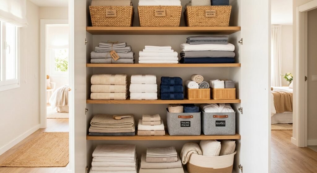 organização de toalhas roupas de cama cestos de armazenamento prateleiras de armário para roupas de cama é um exemplo de como organizar armário de roupa de cama e banho mantendo roupas de cama dobradas cuidadosamente