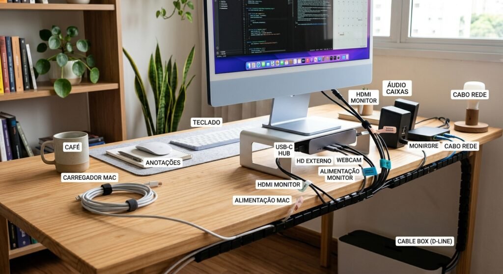 cabos etiquetados mesa home office organizada identificação de cabos exemplo de como identificar cabos facilmente e organizar os fios do seu home office