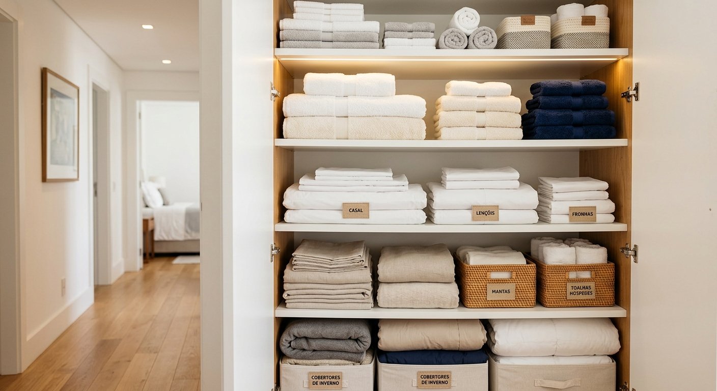 Como Organizar Armário De Roupa De Cama e Banho Mantendo Roupas de Cama Dobradas Cuidadosamente