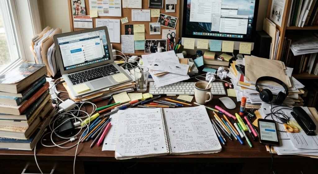 organização de mesa trabalho bagunçada são erros de organização que ocupam espaço e deixam a casa bagunçada e um lugar que causa cansaço só de se olhar