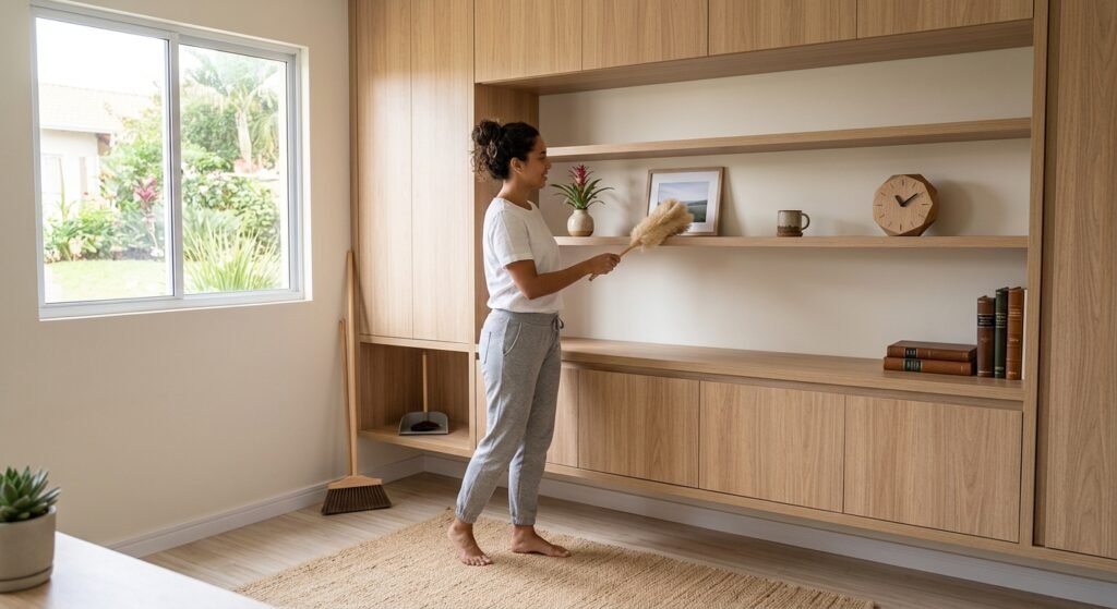 rotina diária organização casa limpeza leve hábito simples mulher organizando ambiente tranquilo erros comuns na organização da casa: como evitar falhas e manter tudo em ordem