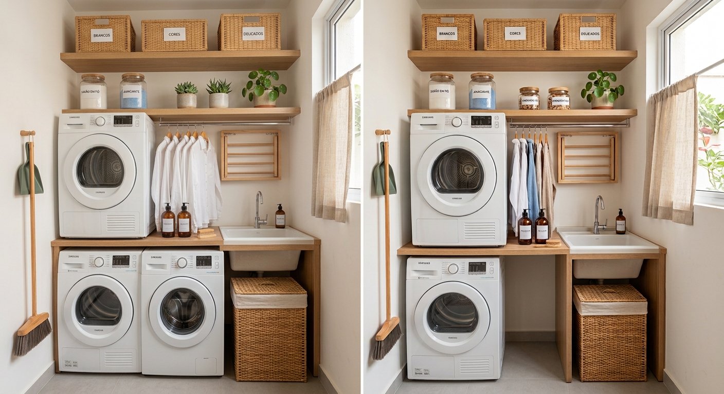 Como Organizar uma Lavanderia Pequena e Minimalista com Armários e Prateleiras Funcionais