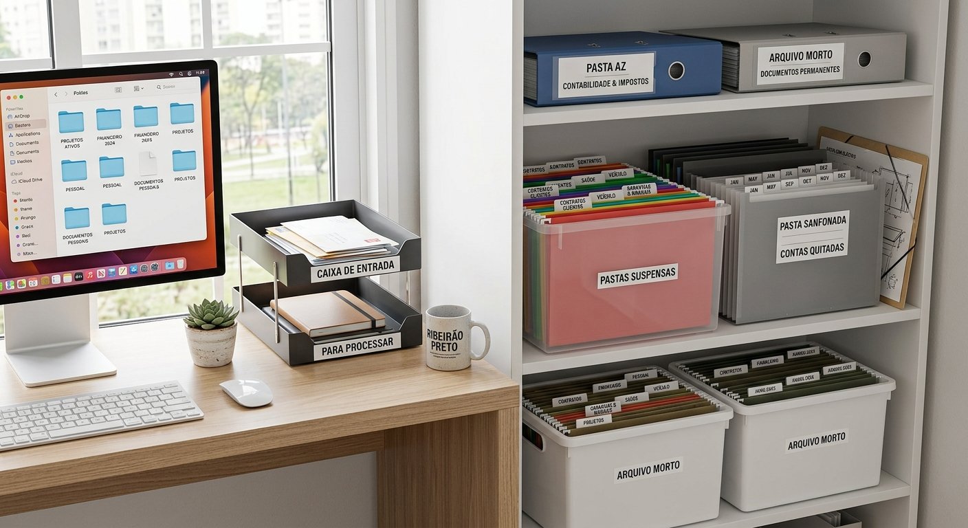 sistema de arquivamento organizado para home office: documentos pastas e papéis é uma dica de como organizar documentos e papéis importantes em casa de forma prática