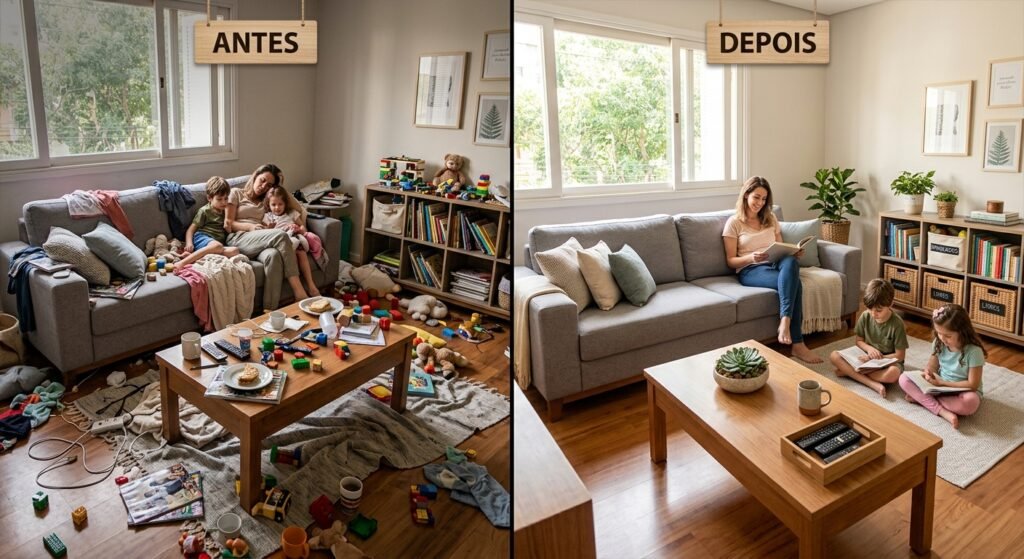 transformação da casa organizada antes e depois casa de família limpa arrumada foi utilizada uma rotina rápida de arrumação: como organizar a casa em 15 minutos por dia