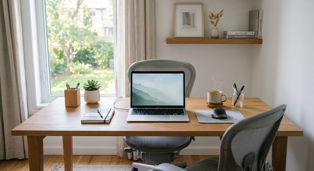 mesa de trabalho organizada minimalista notebook luz natural ambiente produtivo home office aprenda como montar uma estação de trabalho organizada e produtiva para melhorar seu foco e desempenho
