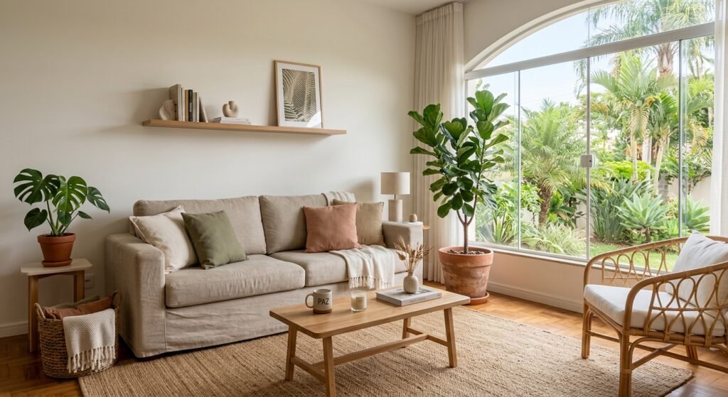 Ambiente calmo organizado planta decoração leve luz suave casa tranquila onde foi aplicado o guia completo de organização da casa e rotina para uma vida mais leve