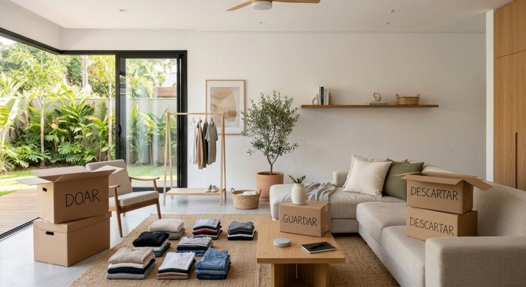 processo de destralhar separação de roupas organização da casa caixas para doar guardar e descartar utilizando o método de como reduzir o excesso de objetos em casa