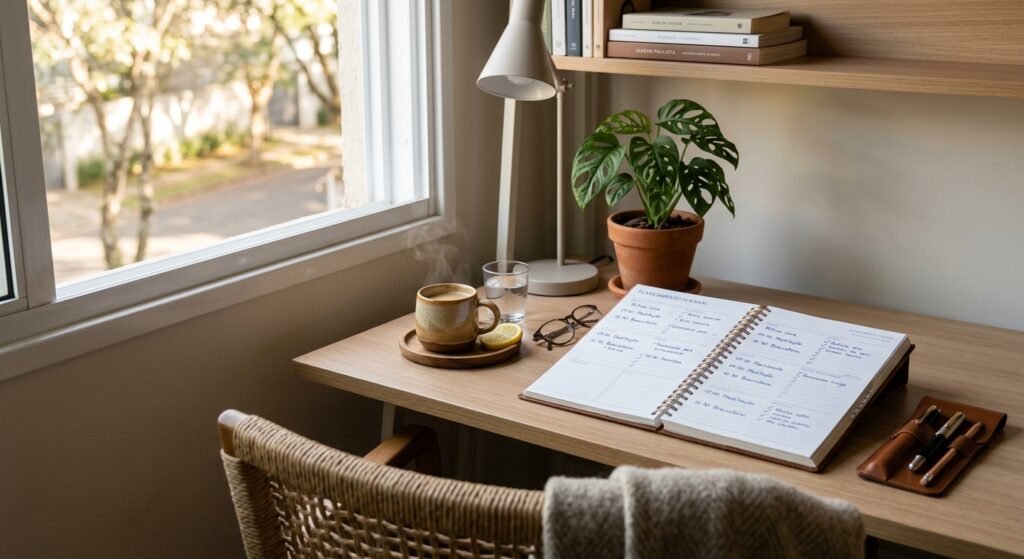 com uma mesa organizada manhã tranquila luz natural rotina leve planejamento semanal torna mais fácil utilizar o método de como começar a semana com mais leveza e organização mental