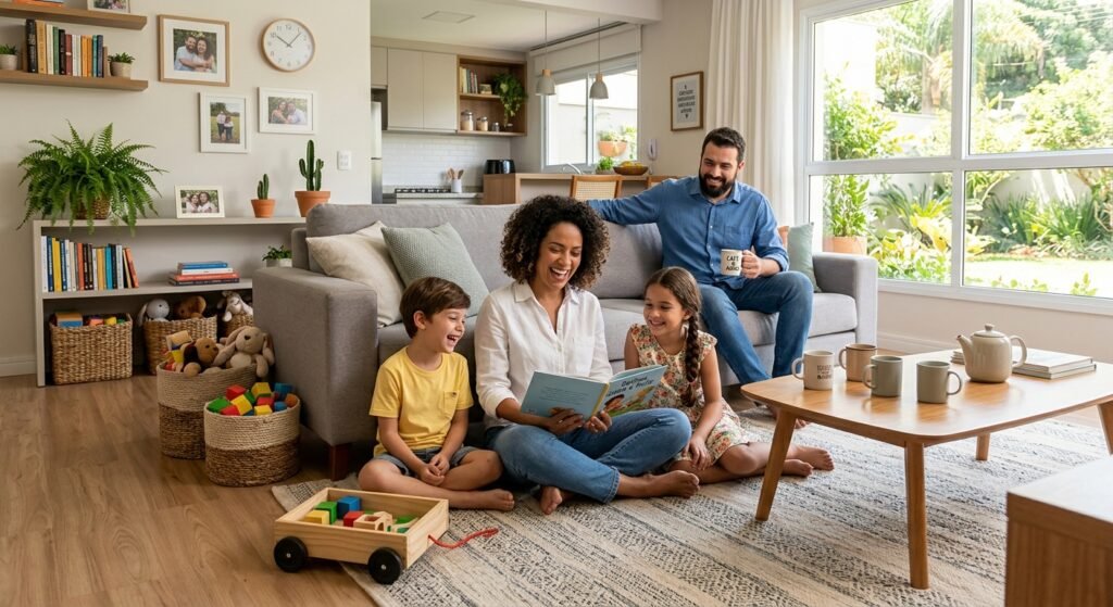 família feliz casa organizada sala limpa rotina leve convivência dia a dia todos aprenderam o método de como manter a casa organizada com filhos e criar uma rotina leve para toda a família