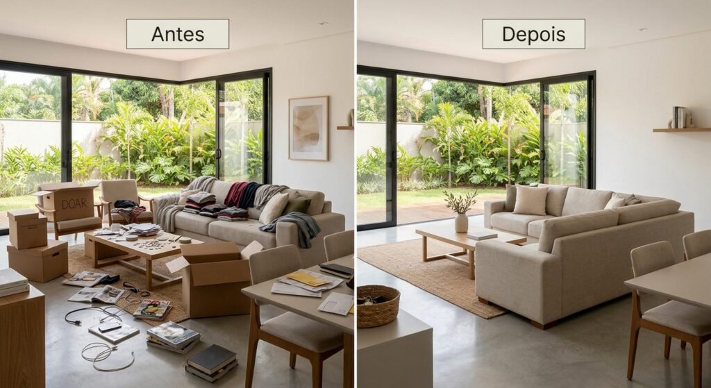 antes e depois de destralhar casa transformação casa limpa organizada e minimalista aprenda em como reduzir o excesso de objetos em casa
