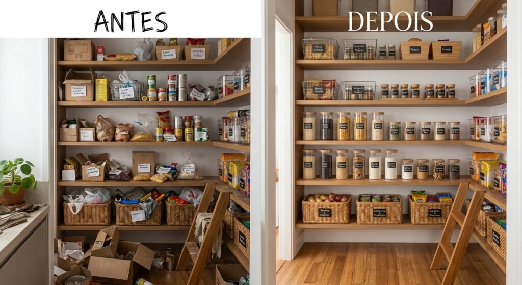 transformação antes e depois despensa organizada armazenamento de alimentos um pequeno exemplo para você de como manter as prateleiras de despensa organizadas recipientes para armazenar alimentos organização de cozinha