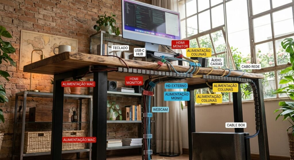 configuração vista de baixo para cima de home office moderno cores claras organizada com etiquetas limpas nos cabos exemplo de como identificar cabos facilmente e organizar os fios do seu home office