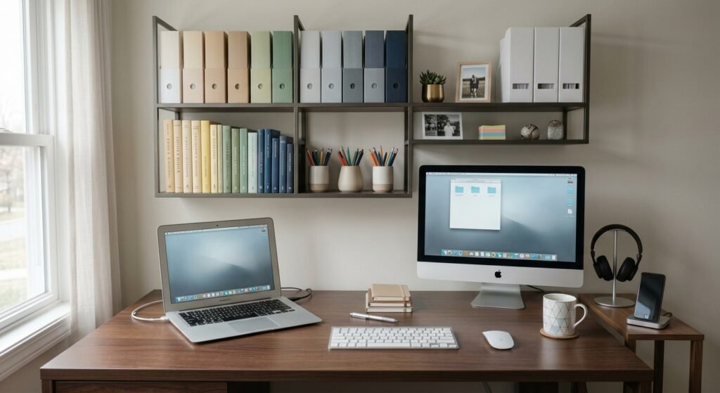 mesa de trabalho pequena organizada com prateleiras abertas extremamente organizadas quando se tem domínio em detectar erros de organização que ocupam espaço e deixam a casa bagunçada