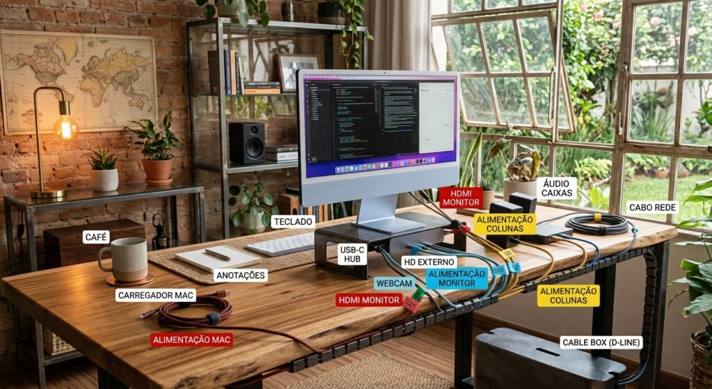 etiquetas de cabos codificadas por cores vermelho azul verde e amarelo  organização de cabos exemplo de como identificar cabos facilmente e organizar os fios do seu home office