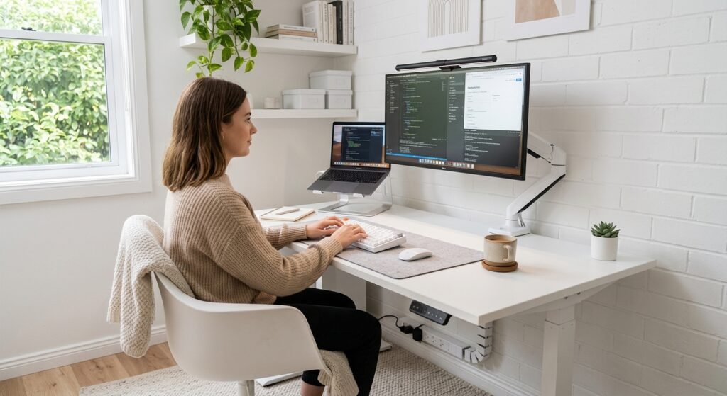 uma configuração de estação de trabalho pequena branca e aconchegante aqui no setup branco para espaços pequenos: 7 ideias para otimizar seu ambiente