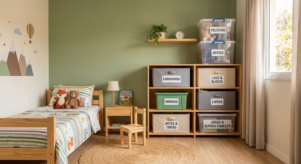 caixas organizadoras brinquedos quarto infantil organizado armazenamento simples foi utilizado o método de como manter a casa organizada com filhos e criar uma rotina leve para toda a família