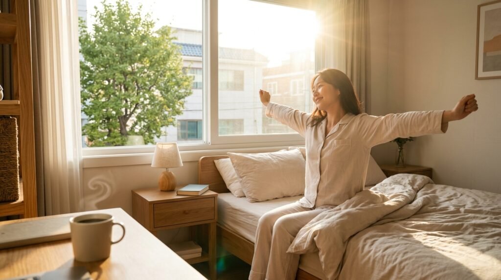 estilo de vida doméstico com rotina feliz e tranquila e luz do sol mulher acordando seguindo os 7 pequenos hábitos que transformam sua manhã e melhoram sua rotina diária