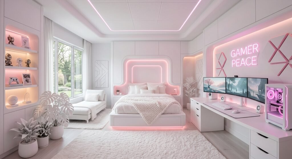 quarto gamer branco de luxo com neon rosa confortável e tranquilo exemplo de setup branco clean: ideias para criar um espaço organizado moderno e funcional