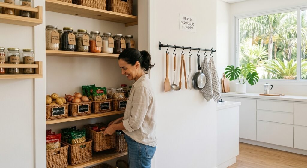 são ideias econômicas de organização de cozinha: cestos ganchos armazenamento na despensa e cozinha minimalista utilizando o método de como organizar a cozinha gastando pouco: dicas simples e práticas