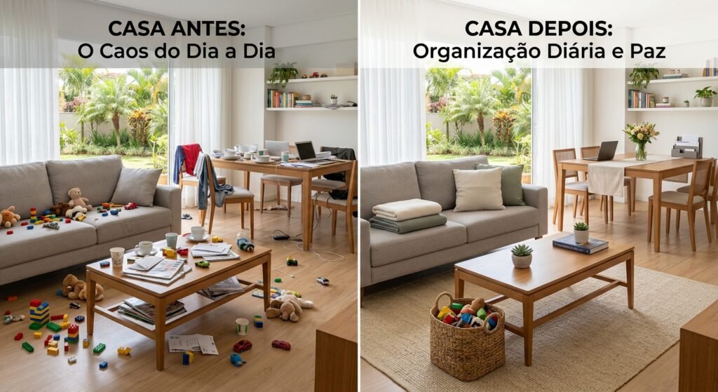 casa de família organizada antes e depois espaço de convivência arrumado organização diária como manter a casa organizada todos os dias: para tornar tarefas e correrias da rotina de trabalho estudo e compromissos familiares mais fáceis ?
