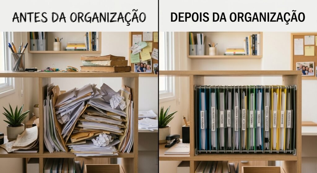 antes e depois da organização de documentos e do sistema de arquivamento do escritório em casa exemplo de como organizar documentos e papéis importantes em casa de forma prática