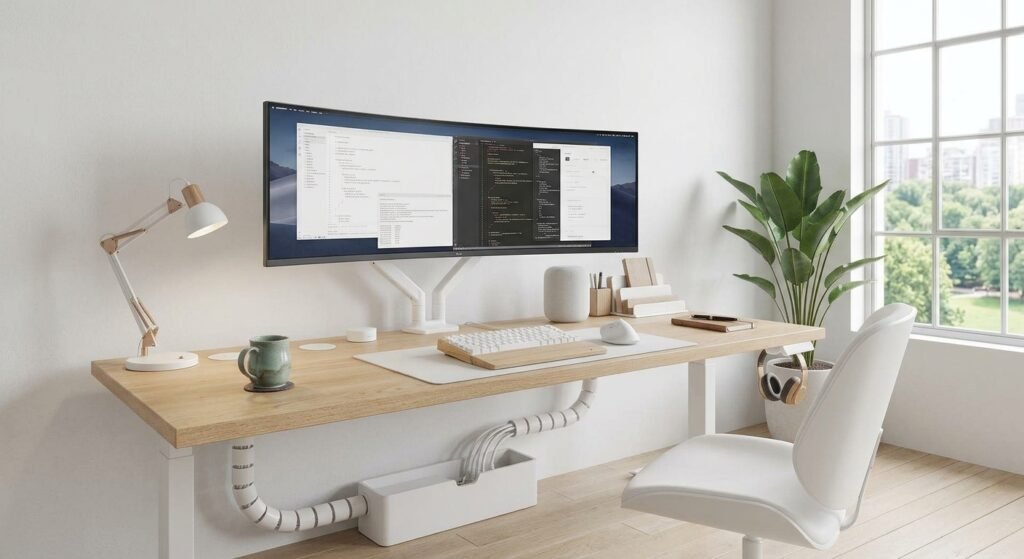setup branco completo com detalhes pretos e madeira clara aprenda como evitar 7 erros que deixam seu setup branco com aparência barata e sem elegância