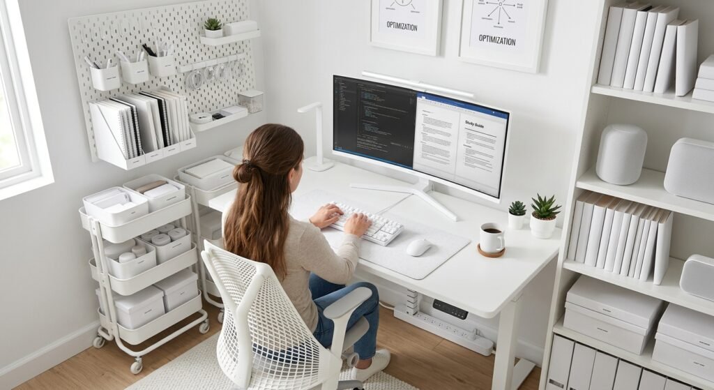 a ideia de organização para um setup compacto e branco é criar  um local de trabalho e estudo otimizado com setup branco para espaços pequenos: 7 ideias para otimizar seu ambiente. A organização é o segredo de qualquer setup compacto