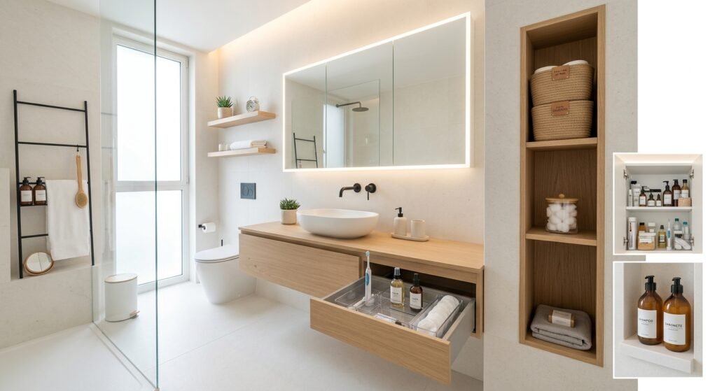 armazenamento organizado e moderno em banheiro minimalista e limpo é um exemplo de como organizar o banheiro e manter sempre limpo e funcional