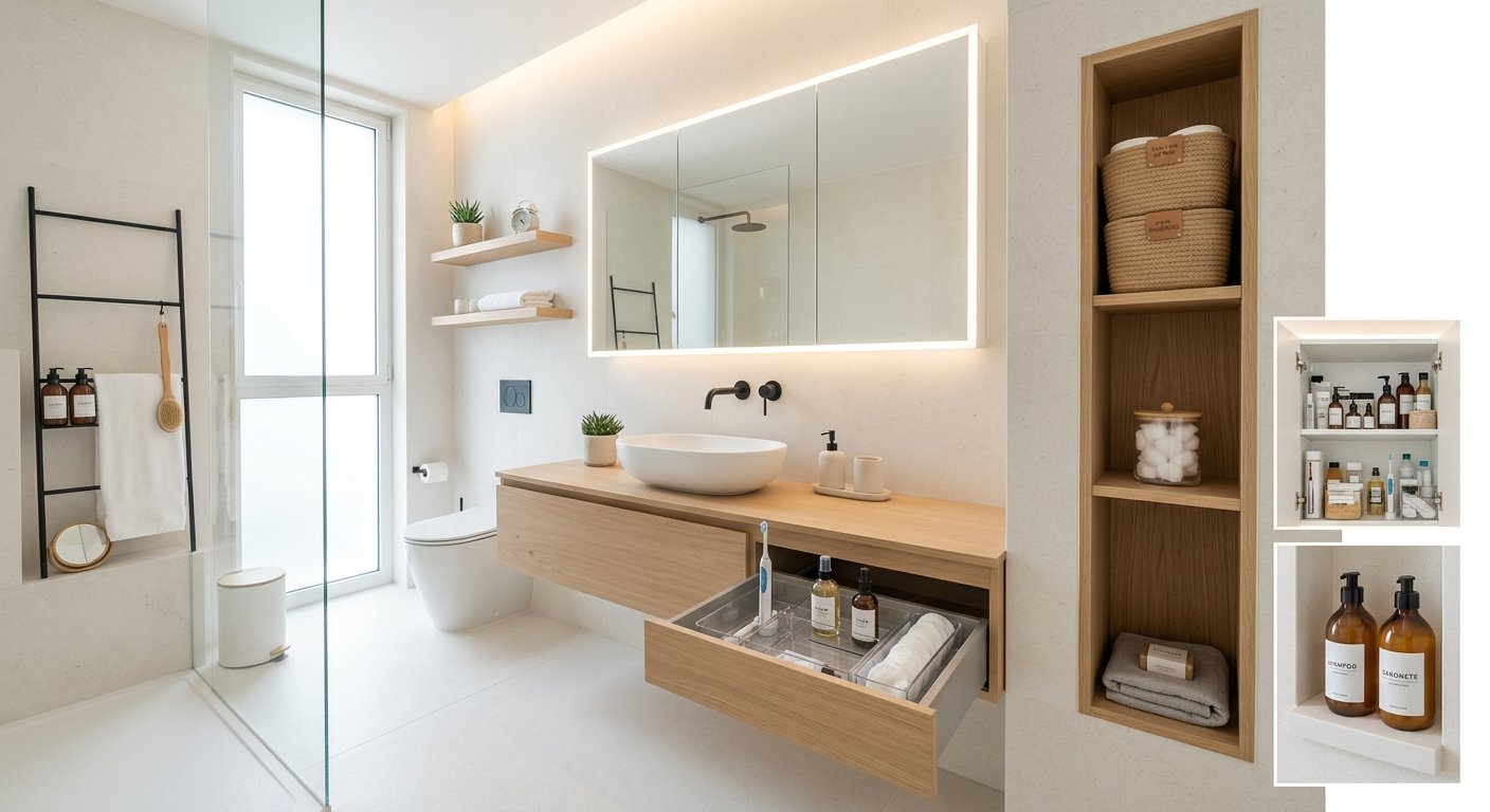 armazenamento organizado e moderno em banheiro minimalista e limpo é um exemplo de como organizar o banheiro e manter sempre limpo e funcional