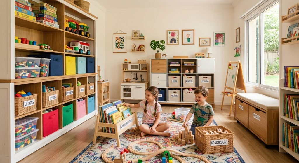 soluções de organização e armazenamento para sala de brinquedos infantil em casa de família seguindo nosso método de como manter a organização mesmo com crianças em casa você encontrará soluções de armazenamento organizadas para casa sala de jogos infantil e para toda a família