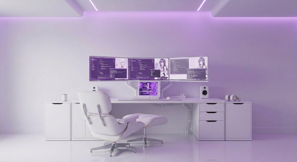 setup branco luxuoso neon lilás no ambiente limpo exemplo de um setup branco clean: idéias para criar um espaço organizado moderno e funcional