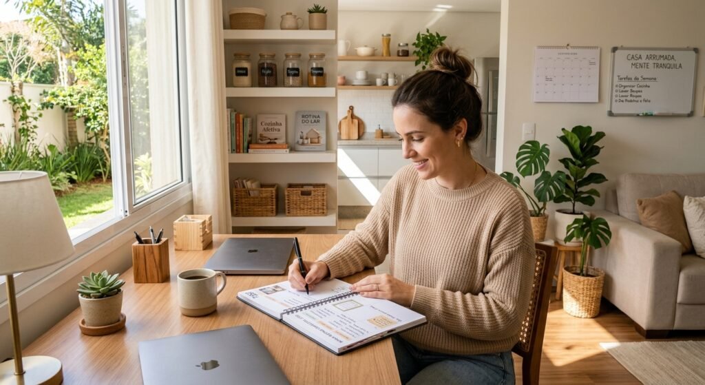 mulher organizando agenda rotina doméstica casa organizada ambiente tranquilo é um exemplo de como manter a casa organizada sem passar horas arrumando