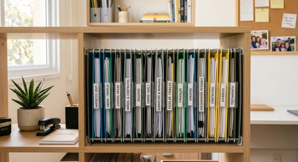 pastas de arquivos etiquetadas organização de documentos sistema de arquivamento doméstico exemplo de como organizar documentos e papéis importantes em casa de forma prática