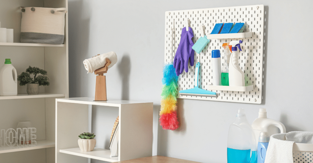 wall mounted cleaning tools organizer laundry room shelves storage organizador de utensílios de limpeza de parede para lavanderia com prateleiras para armazenamento aprenda como montar um cantinho de limpeza prático e organizado