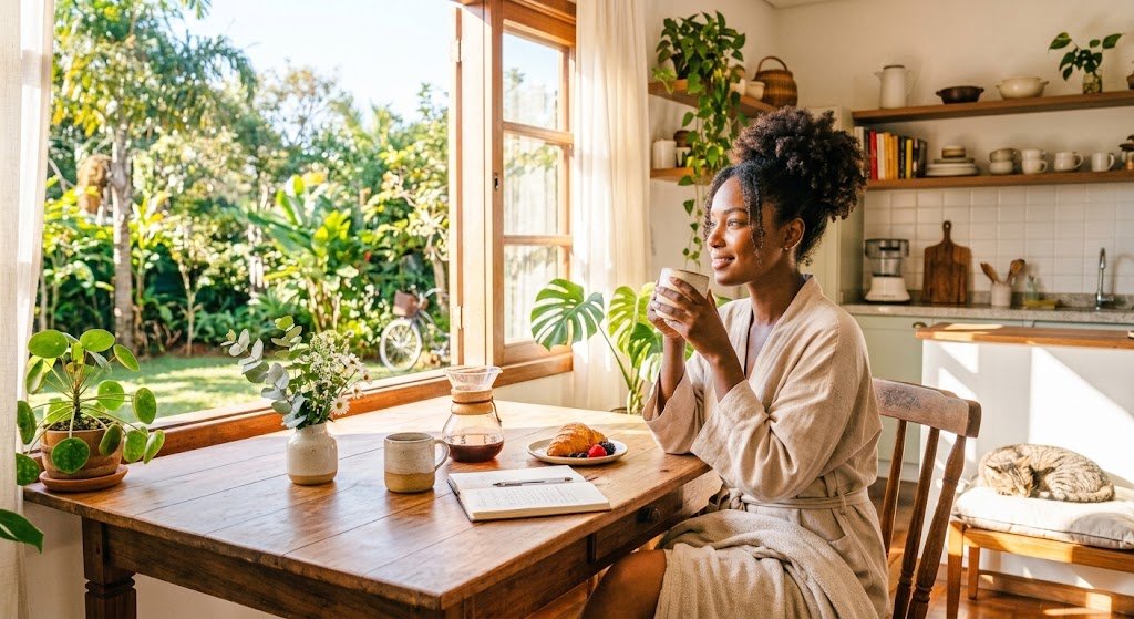 rotina matinal tranquila luz do sol café diário casa calma  exemplo de uma rotina matinal para começar o dia com mais tranquilidade: hábitos simples para reduzir o estresse aumentar a produtividade e melhorar o bem-estar