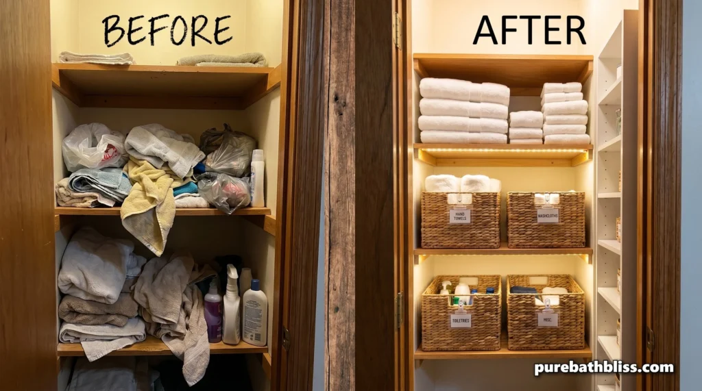 before after linen closet organization towels bedding storage transformationantes e depois organização de armário de roupa de cama toalhas e armazenamento de roupas de cama um exemplo nÍtido após utilizar o método de como organizar seu armário de roupa de cama e banho mantendo roupas de cama dobradas cuidadosamente nas prateleiras 