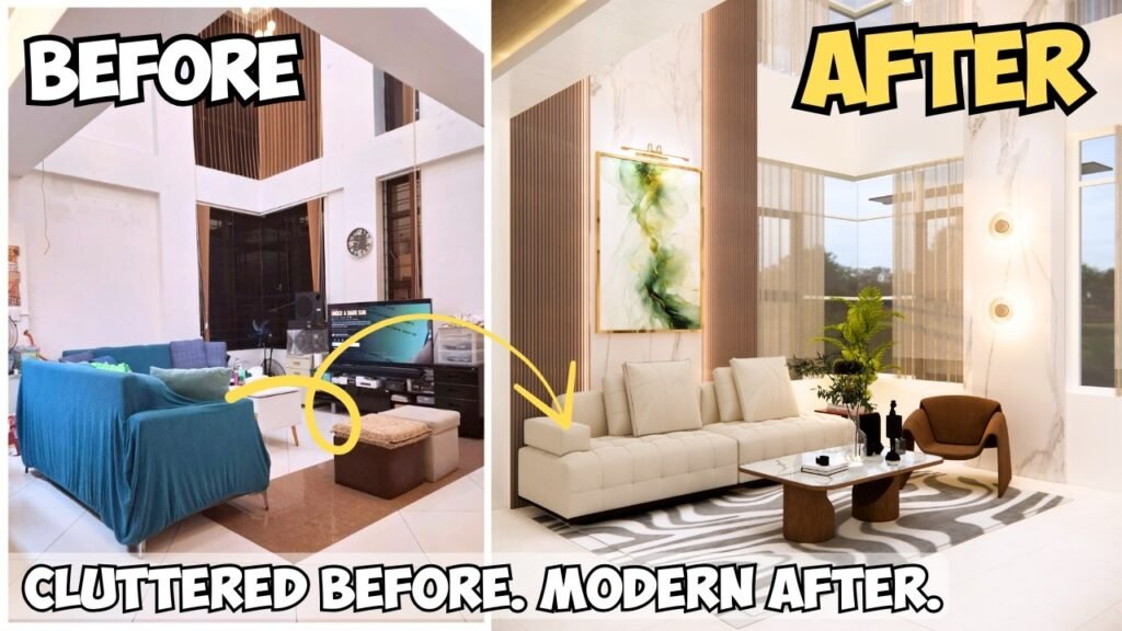 before after minimalist home transformation organized clean interior.jpg Antes e depois de uma transformação residencial minimalista: interior organizado e limpo utilizando o método minimalismo na prática como simplificar sua casa aos poucos com simplicidade e bem estar