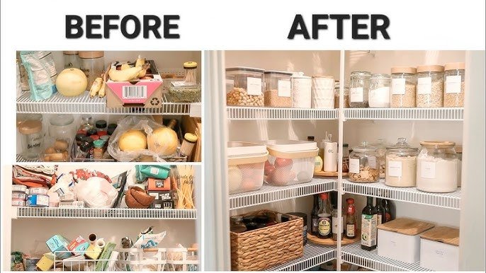 before and after organized pantry food storage transformation.jpg transformação antes e depois despensa organizada armazenamento de alimentos.jpg um pequeno exemplo para você de como manter as prateleiras de despensa organizadas recipientes para armazenar alimentos organização de cozinha