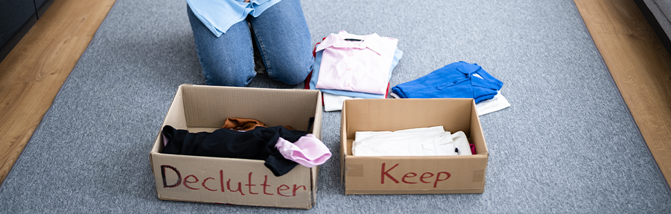 decluttering process sorting clothes home organization donate keep discard boxes processo de destralhar separação de roupas organização da casa caixas para doar guardar e descartar utilizando o método de Como Reduzir o Excesso de Objetos em Casa