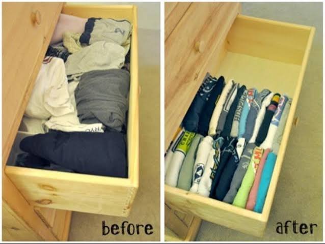 gaveta organizada antes e depois organização armário dobrado roupas separadores caixa organizadora minimalista 1.jpg  foi utilizado o guia de organização de pequenos espaços gavetas armários