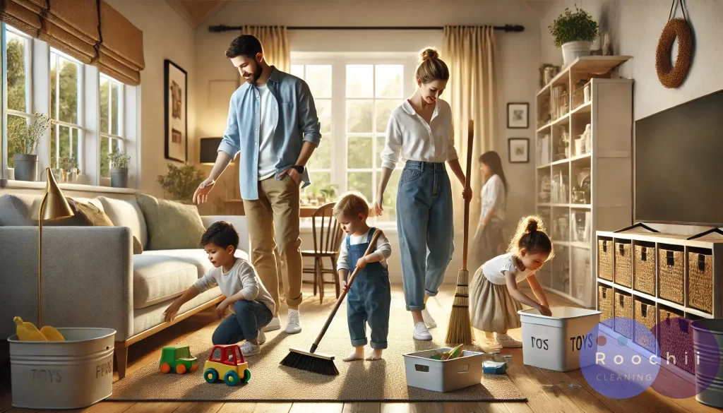 happy organized family home clean living room children.webp                  família feliz e organizada em casa sala de estar limpa com crianças.webp estão aplicando o método de  como manter a organização mesmo com crianças em casa ao mesmo tempo que brincam aprendem a organização com os pais