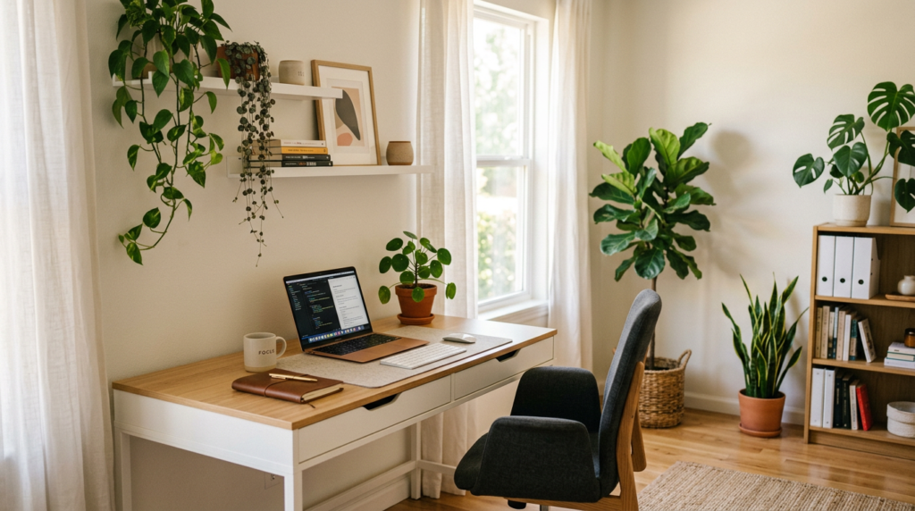 home office aconchegante organizado plantas na decoração leve ambiente produtivo mesa limpa luz suave aprenda como montar uma estação de trabalho organizada e produtiva para melhorar seu foco e desempenho