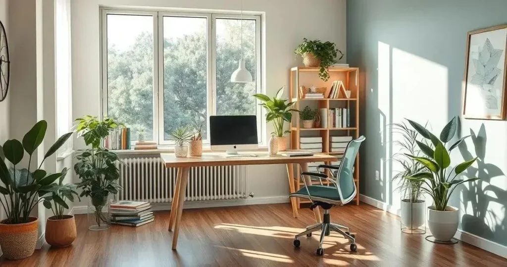 office aconchegante organizado plantas decoração leve ambiente produtivo mesa limpa luz suave aprenda como montar uma estação de trabalho organizada e produtiva para melhorar seu foco e desempenho