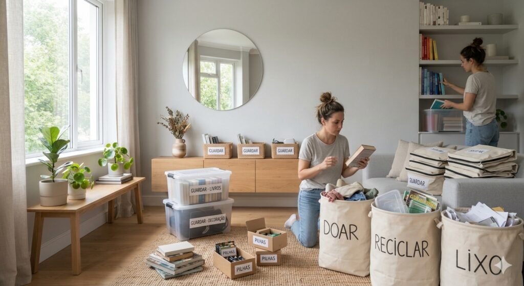 separação de pertences destralha e organização da casa exemplo de como reduzir excesso de objetos em casa: desapego organização e minimalismo