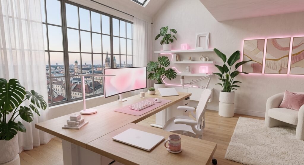 setup branco com neon rosa bebê ambiente limpo exemplo de como criar um setup branco estético organizado e funcional