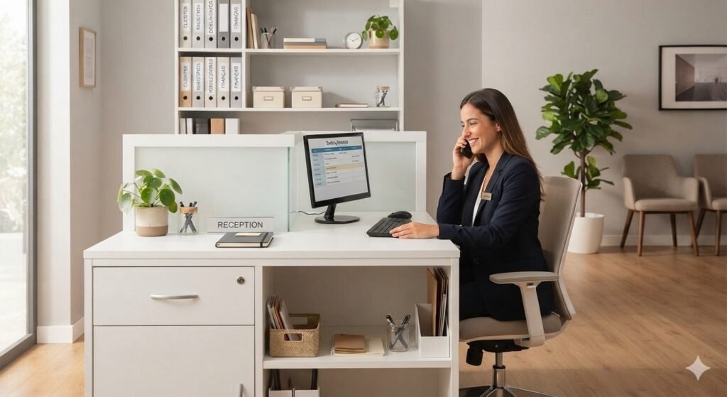 mesa com recepção branca compacta com gaveta e prateleira organizada exemplo de como evitar 7 erros que deixam seu setup branco com aparência barata e sem elegância