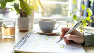 morning planning notebook calm lifestyle organized day.webp  caderno de planejamento matinal estilo de vida tranquilo dia organizado.webp seguindo hábitos matinais saudáveis como ter uma manhã com rotina leve para o dia a dia  exemplo de pessoa organizando o planejamento do dia em um caderno durante a manhã