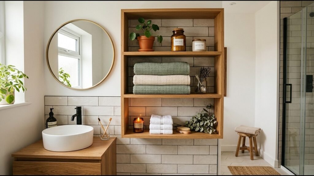 organized modern bathroom storage clean minimalist bathroom.jpg armazenamento organizado e moderno em banheiro limpo e minimalista.jpg é um exemplo de como organizar o banheiro e manter sempre limpo e funcional